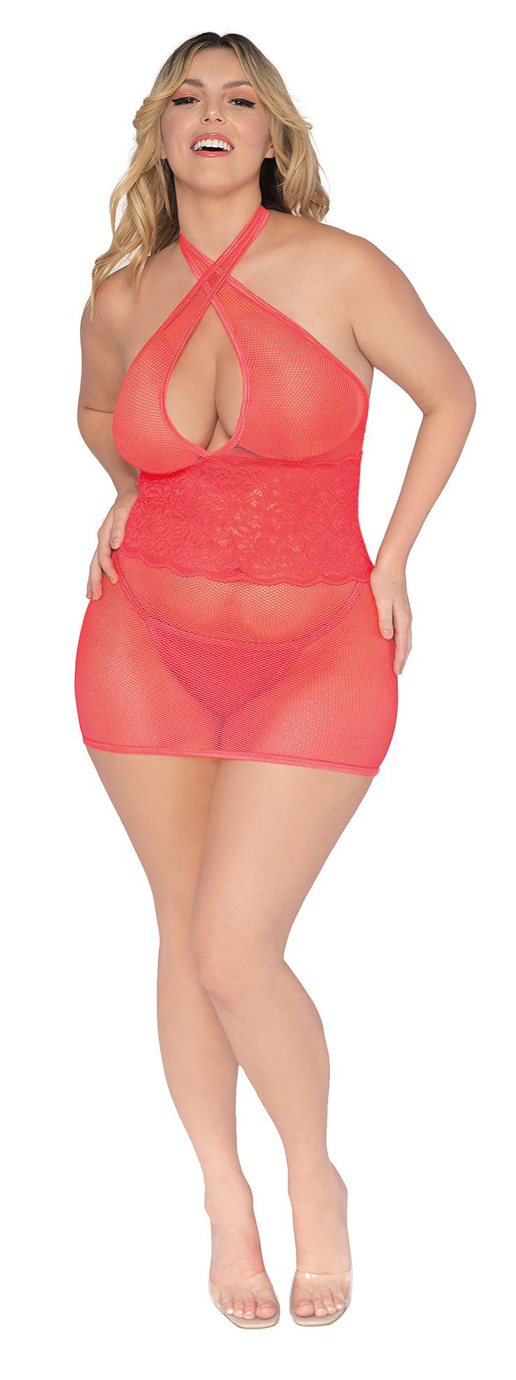 "Stretch Fishnet and Scalloped Stretch Lace Chemise - Queen - Coral DG-12606XCORQ"