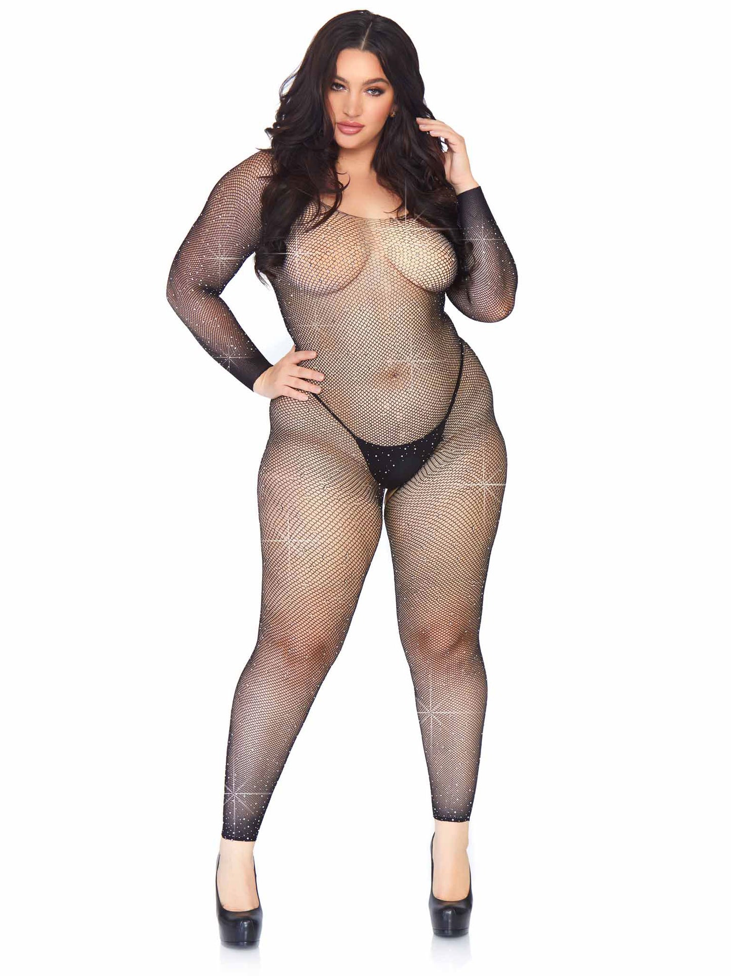 "Crystalized Seamless Fishnet Long Sleeved Bodystocking - 1x/2x - Black LA-89233XBL1X2"
