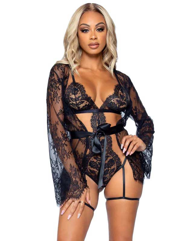 "All Romance Lace Teddy and Robe Set - Large - Black LA-86123BLKL"