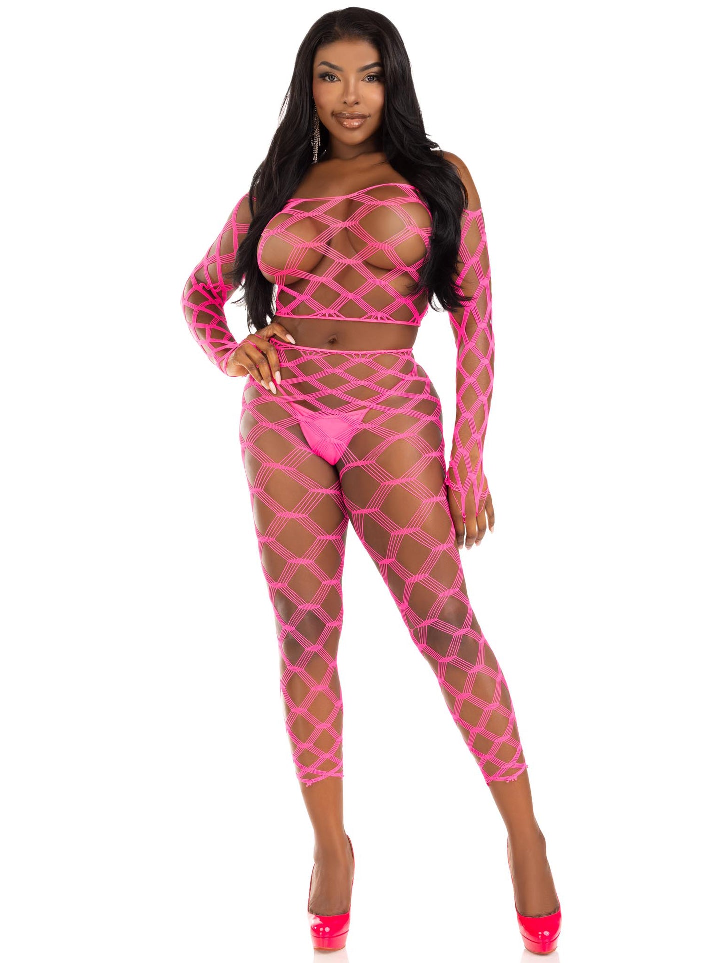 "2 Pc Net Crop Top and Footless Tights - One Size - Neon Pink LA-89325NPNKOS"