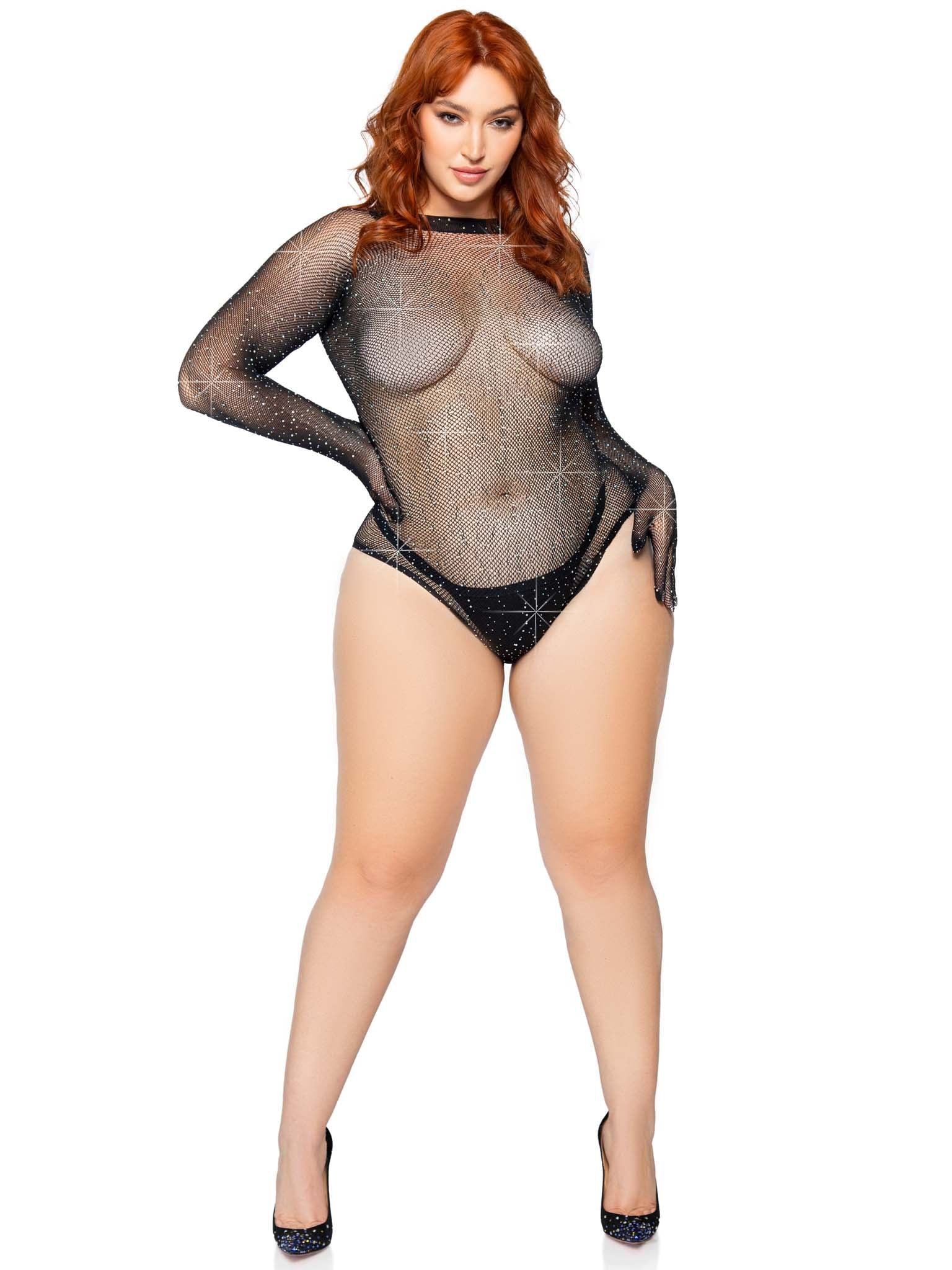 "Rhinestone Snap Crotch Gloved Bodysuit - 1x/2x - Black LA-89271X"