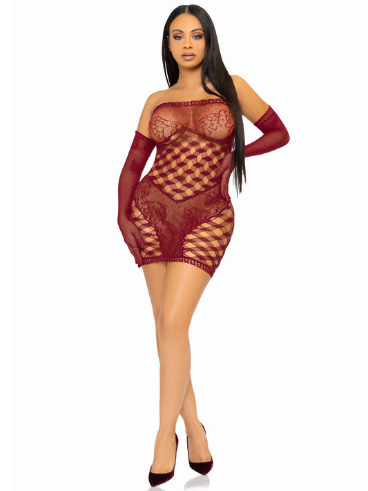 "2 Pc Hardcore Net Tube Dress With Gloves - One Size - Burgundy LA-86136BUROS"