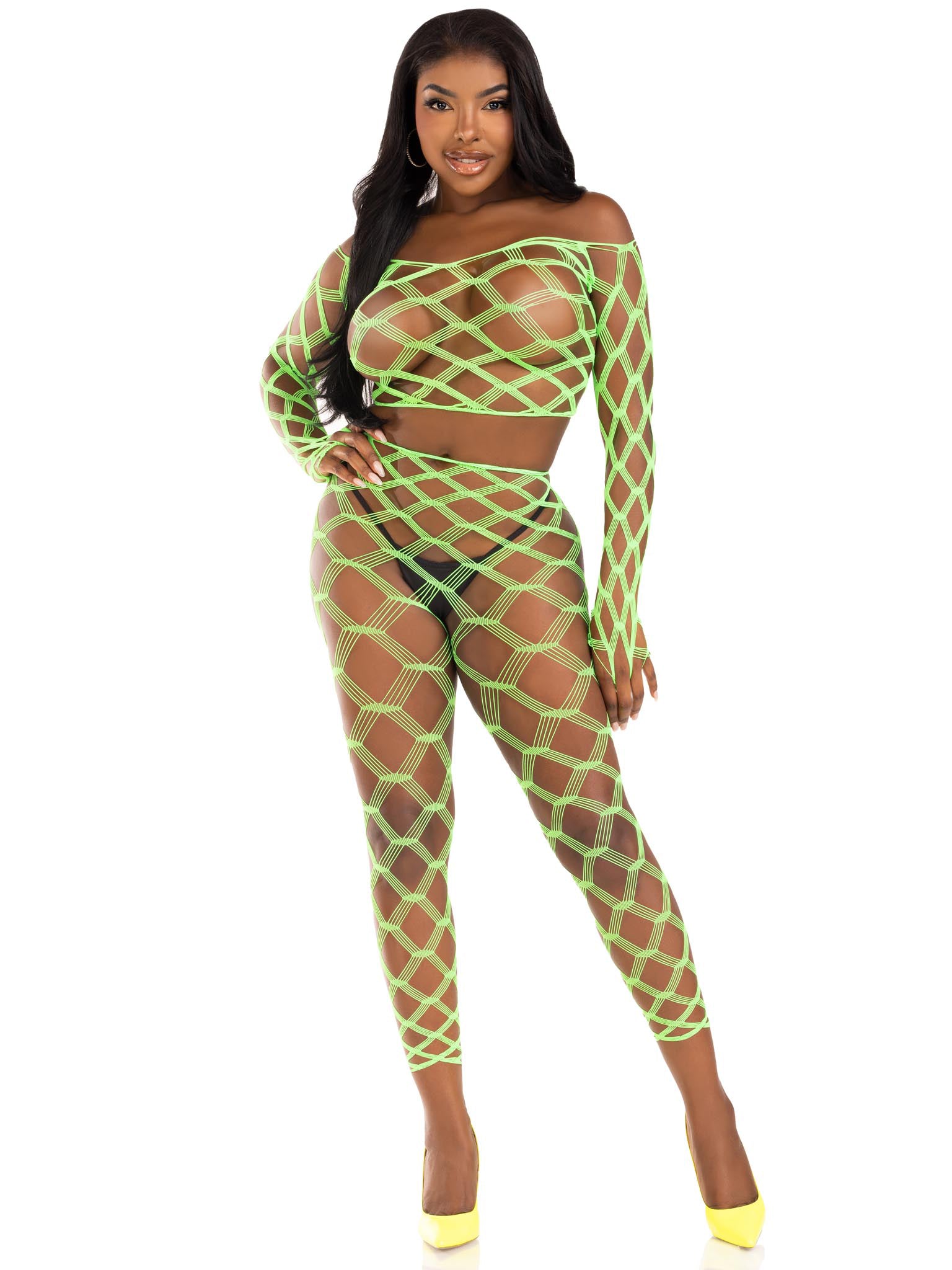 "2 Pc Net Crop Top and Footless Tights - One Size - Neon Green LA-89325NGRNOS"