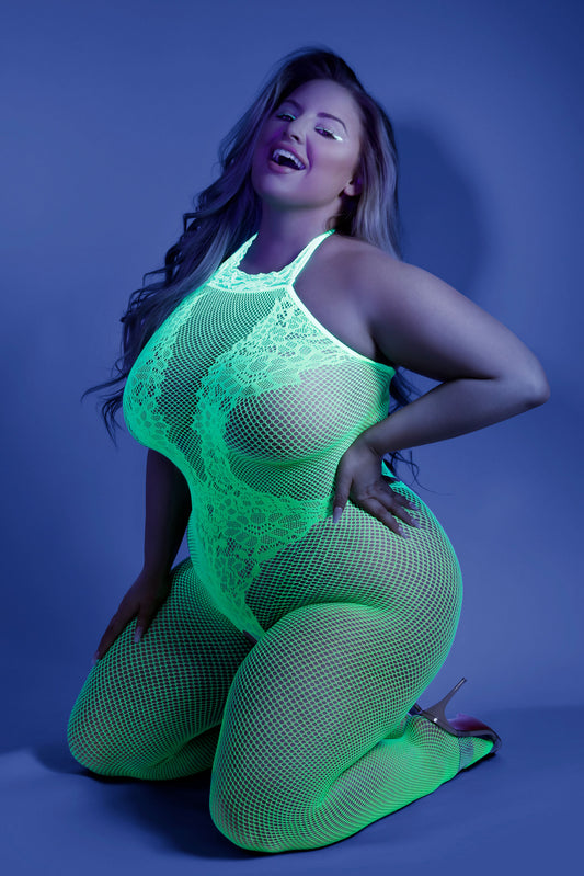 "Moonbeam Crotchless Bodystocking - Queen - Neon Green FL-GL2112-QS-B"