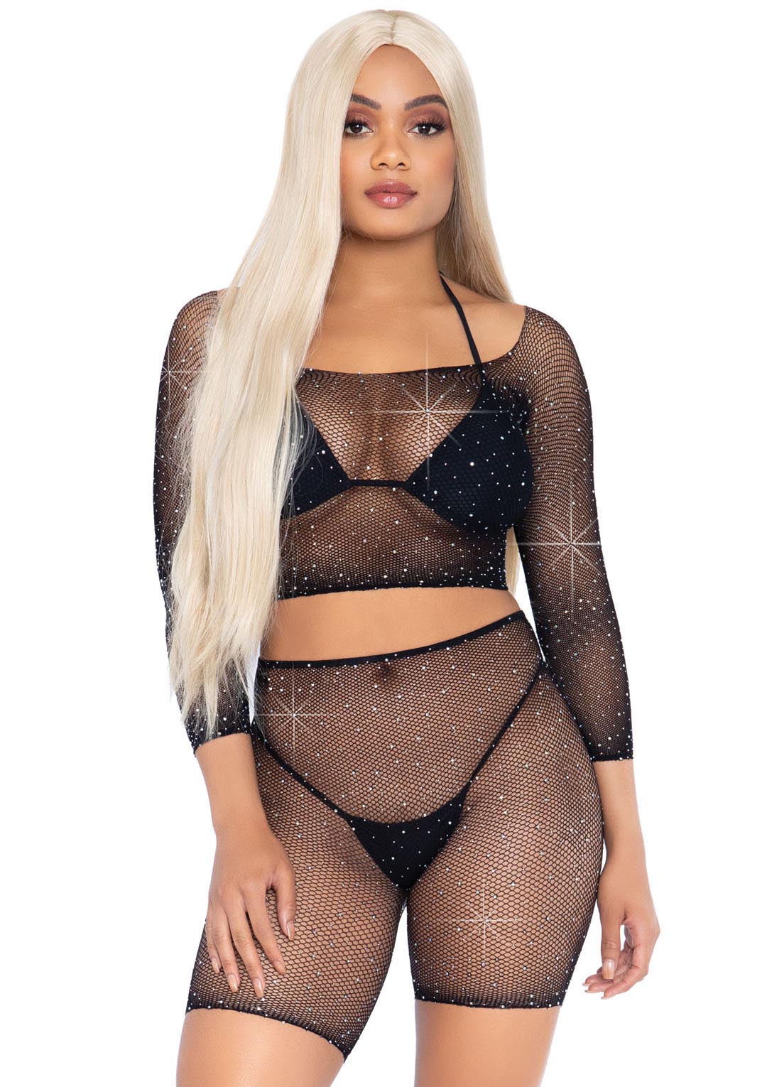 "2 Pc Rhinestone Fishnet Crop Top and Biker Shorts - Black - One Size LA-81608BLK"