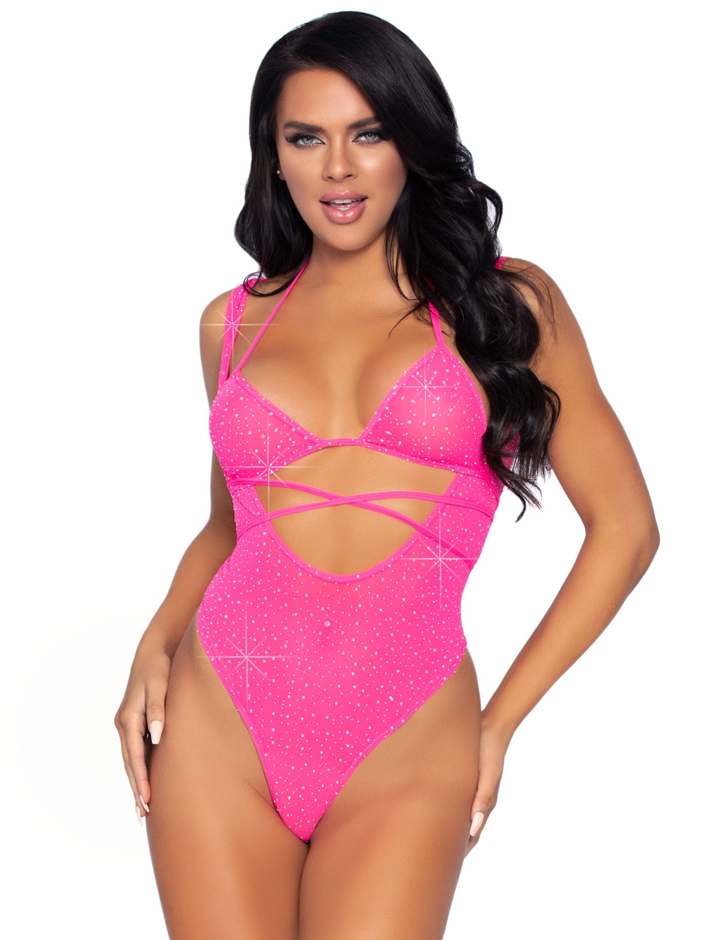 "2 Pc. Rhinestone Wrap Around Bikini Top and Suspender Bodysuit - One Size - Neon Pink LA-89284NPNK"