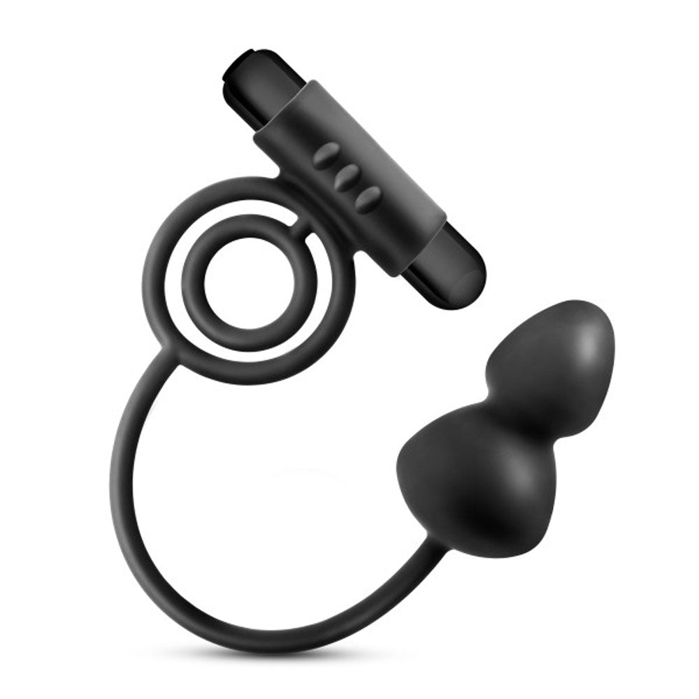 "Anal Adventures- Platinum- Silicone Anal Plug With Vibrating C-Ring - Black BL-01805"