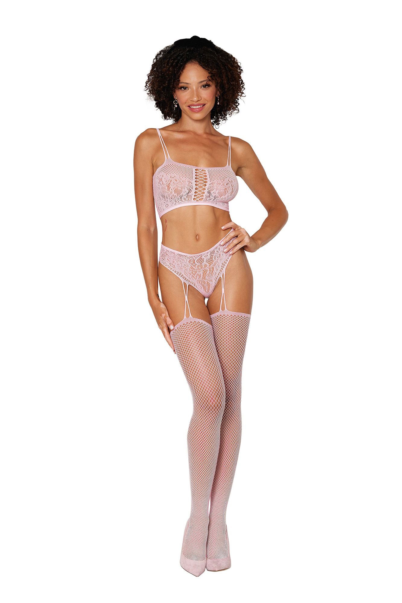 "Bralette and Garter Hose - One Size - Pink DG-0425PNKOS"
